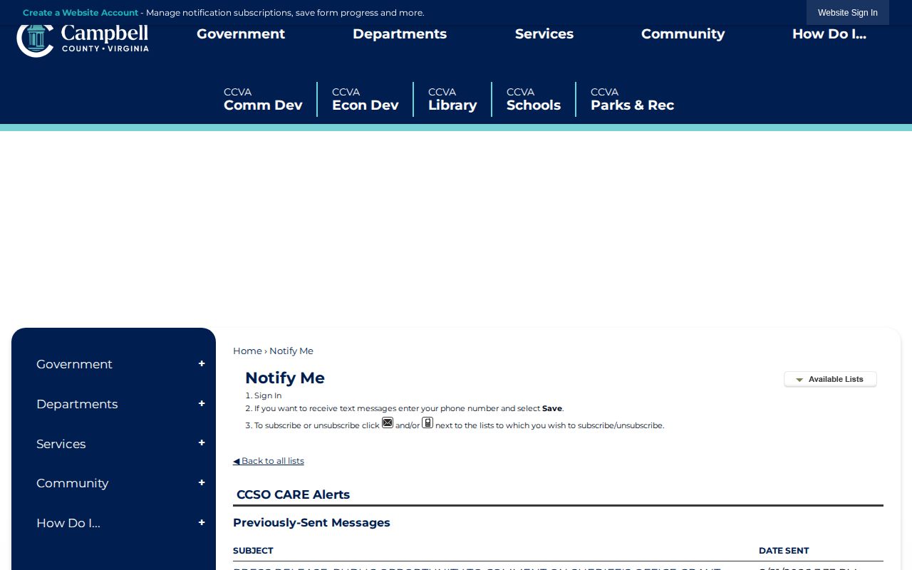 Campbell County wanted-record CARE Alerts subscription page