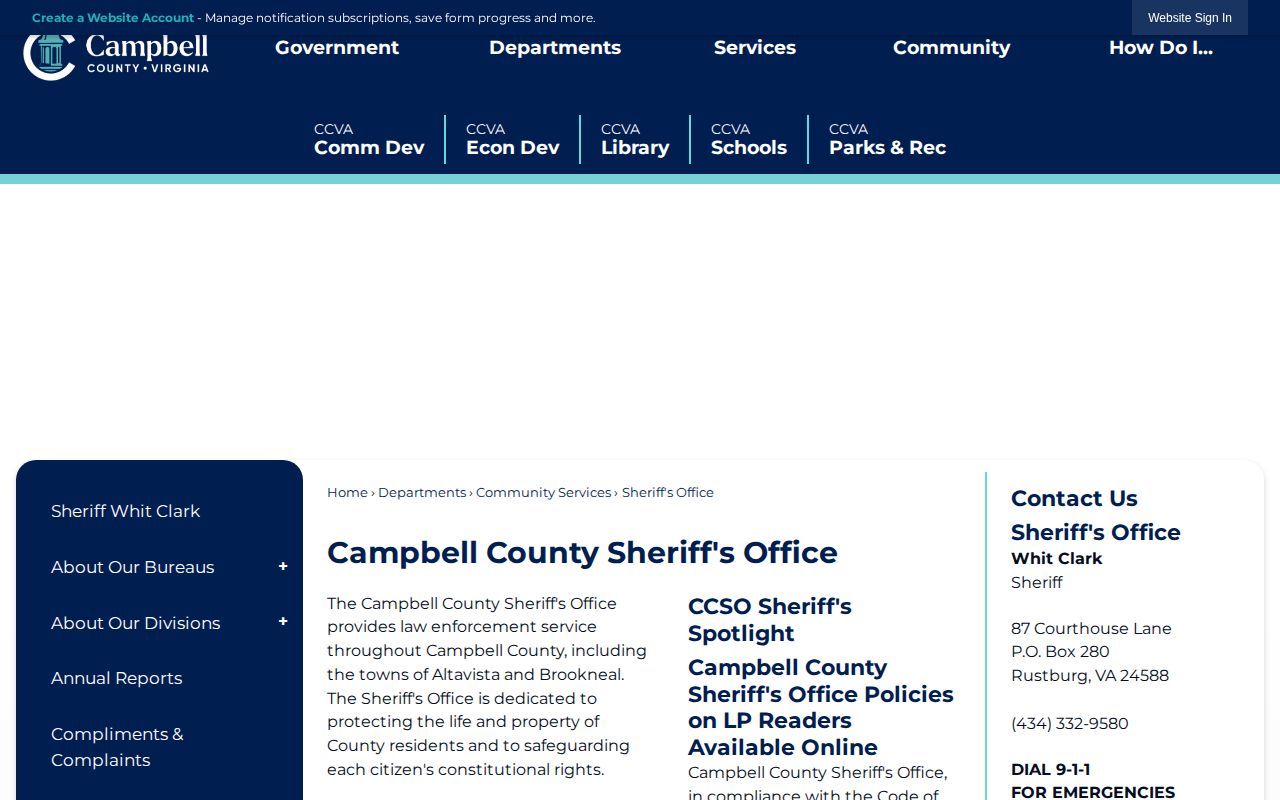 Campbell County Sheriff's Office official page with the office's Rustburg contact details